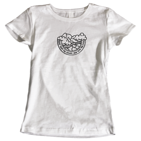 Away from the crowds and into the clouds ladies hiking t-shirt