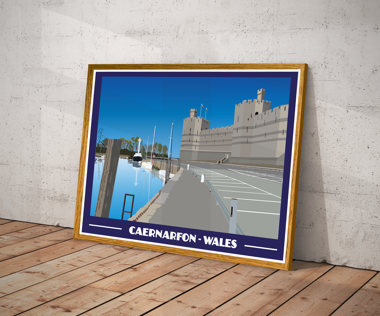 Vintage style travel poster print of Caernarfon in North Wales