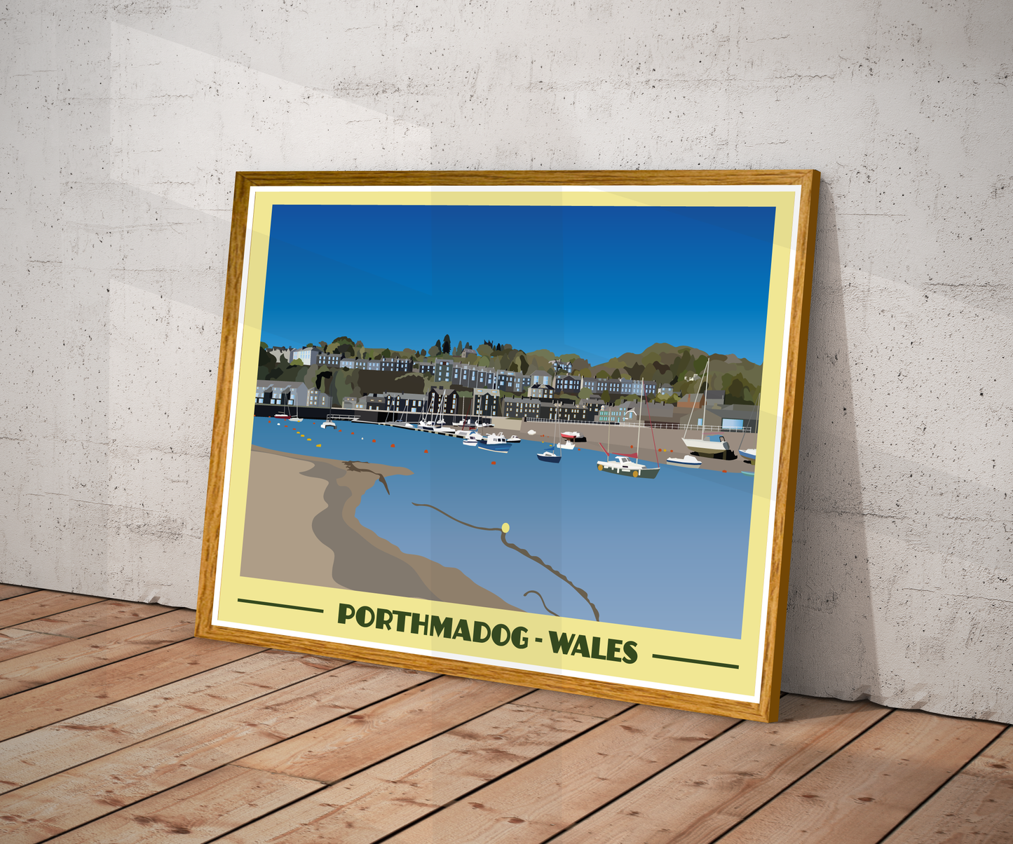 Vintage style travel poster print of Porthmadog in North Wales