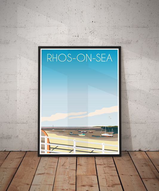 Vintage Rhos-on-Sea Travel Poster Print – North Wales Wall Art | Retro Coastal Promenade Landscape | Instant Digital Download