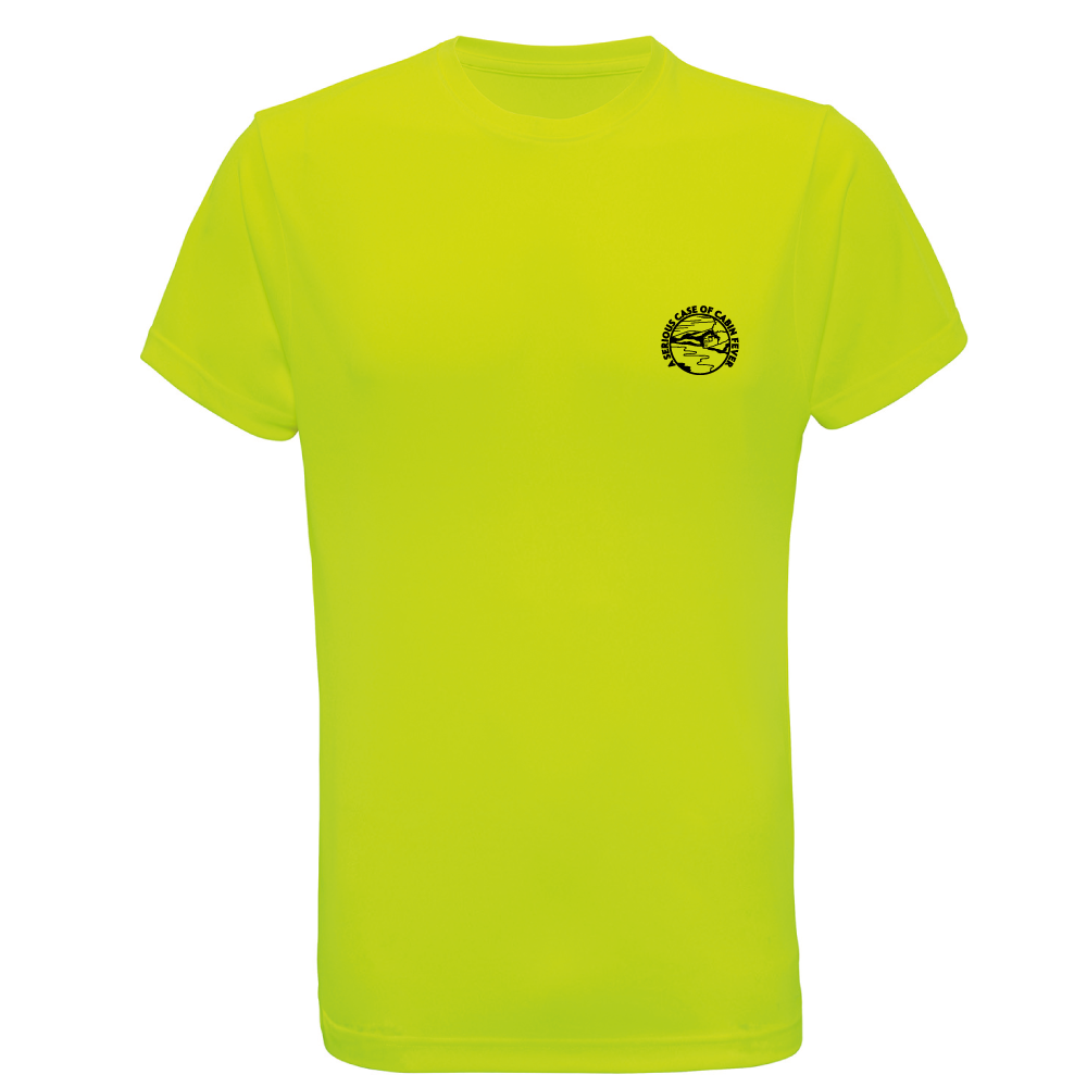 A lightning Yellow t-shirt with black graphic that is small to the left of the chest that shows a cabin based on a waters edge surrounded by mountains, clouds and  with text that reads " A serious case of cabin fever" on a white background