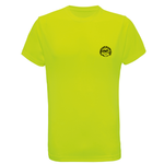 A lightning Yellow t-shirt with black graphic that is small to the left of the chest that shows a cabin based on a waters edge surrounded by mountains, clouds and  with text that reads " A serious case of cabin fever" on a white background