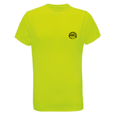 A lightning Yellow t-shirt with black graphic that is small to the left of the chest that shows a cabin based on a waters edge surrounded by mountains, clouds and  with text that reads " A serious case of cabin fever" on a white background
