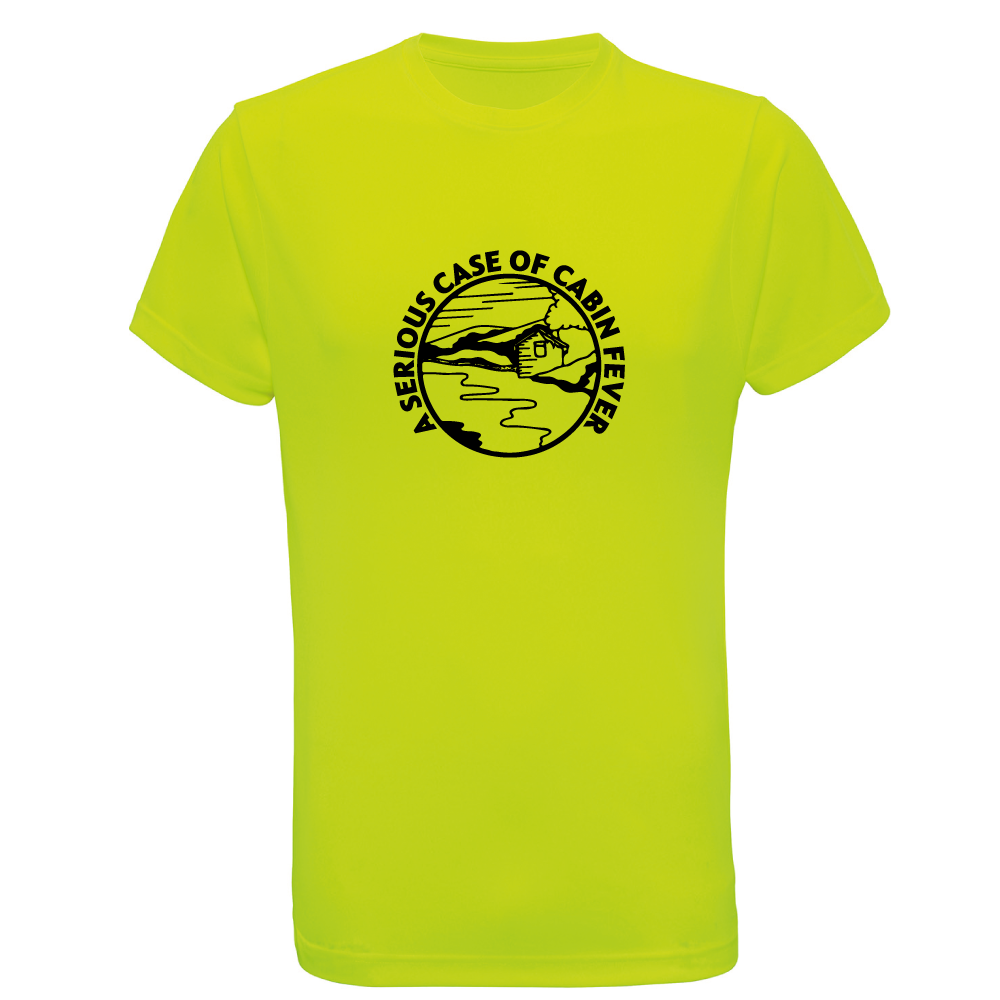 A lightning Yellow t-shirt with black graphic that shows a cabin based on a waters edge surrounded by mountains, clouds and  with text that reads " A serious case of cabin fever" on a white background