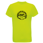A lightning Yellow t-shirt with black graphic that shows a cabin based on a waters edge surrounded by mountains, clouds and  with text that reads " A serious case of cabin fever" on a white background