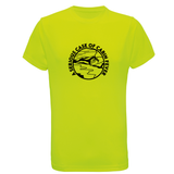 A lightning Yellow t-shirt with black graphic that shows a cabin based on a waters edge surrounded by mountains, clouds and  with text that reads " A serious case of cabin fever" on a white background