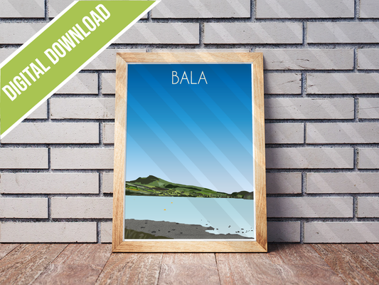 Bala Travel Poster Print – North Wales Wall Art | Retro Llyn Tegid Landscape | Instant Digital Download