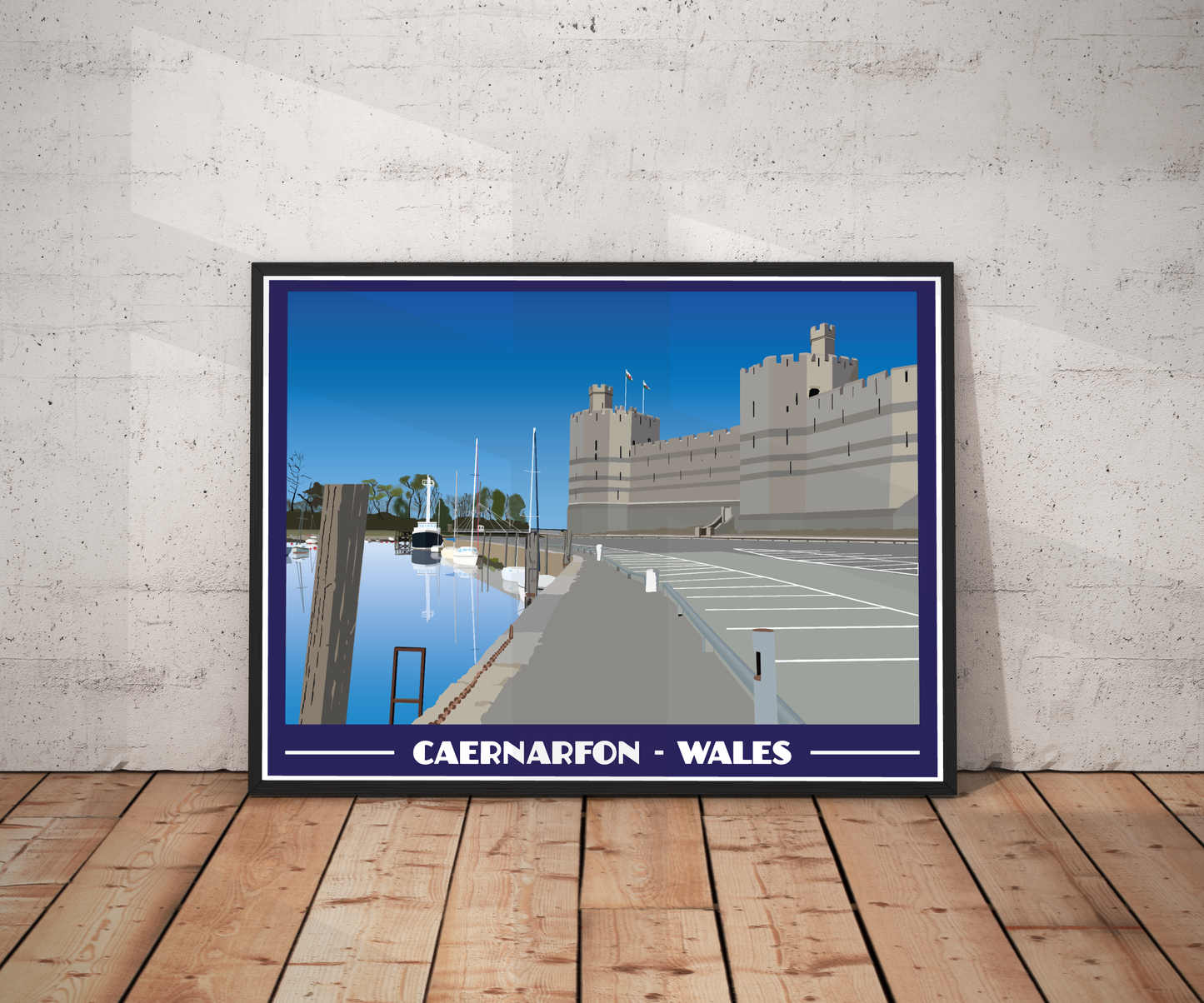 Vintage style travel poster print of Caernarfon in North Wales
