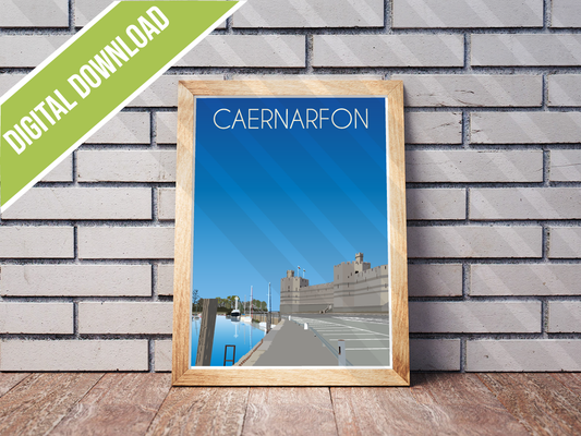 Vintage Caernarfon Travel Poster Print – North Wales Wall Art | Retro Castle & Harbour Landscape | Instant Digital Download