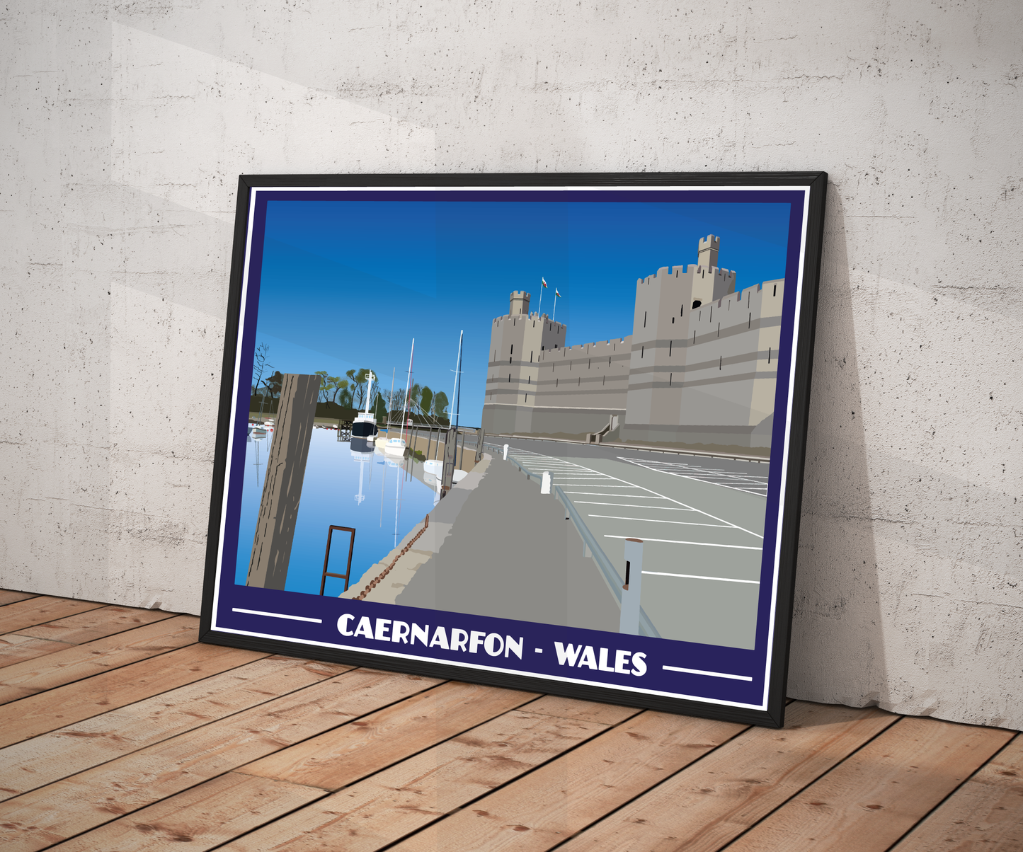 Vintage style travel poster print of Caernarfon in North Wales