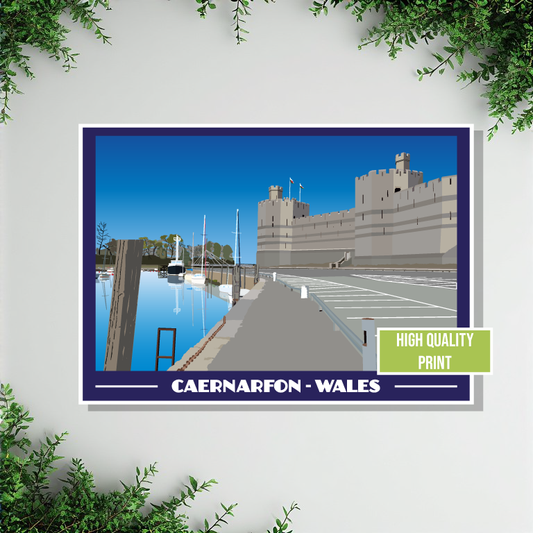 Vintage style travel poster print of Caernarfon in North Wales