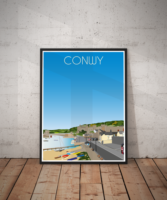 Vintage Conwy Travel Poster Print – North Wales Wall Art | Retro Castle & Harbour Landscape | Instant Digital Download