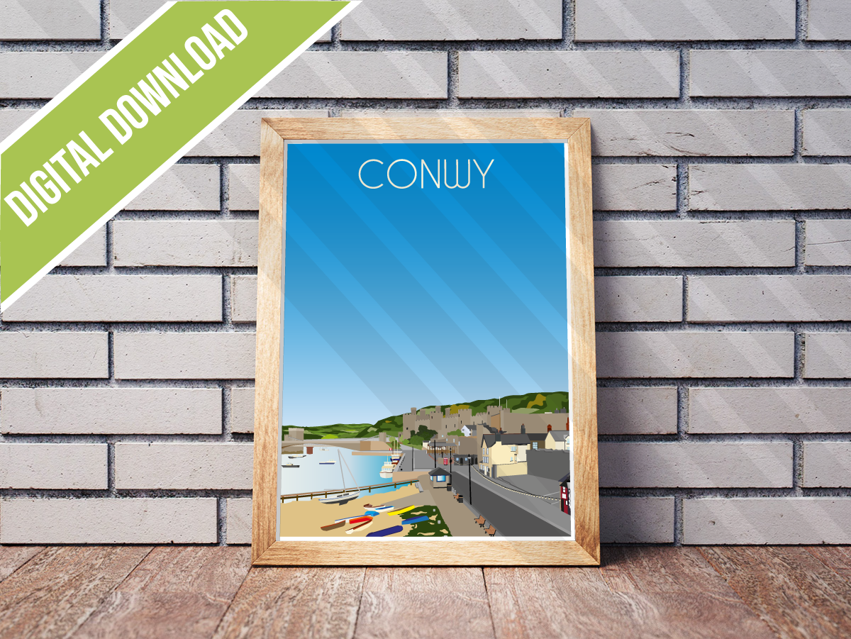 Vintage Conwy Travel Poster Print – North Wales Wall Art | Retro Castle & Harbour Landscape | Instant Digital Download