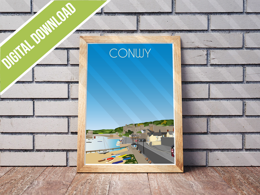 Vintage Conwy Travel Poster Print – North Wales Wall Art | Retro Castle & Harbour Landscape | Instant Digital Download