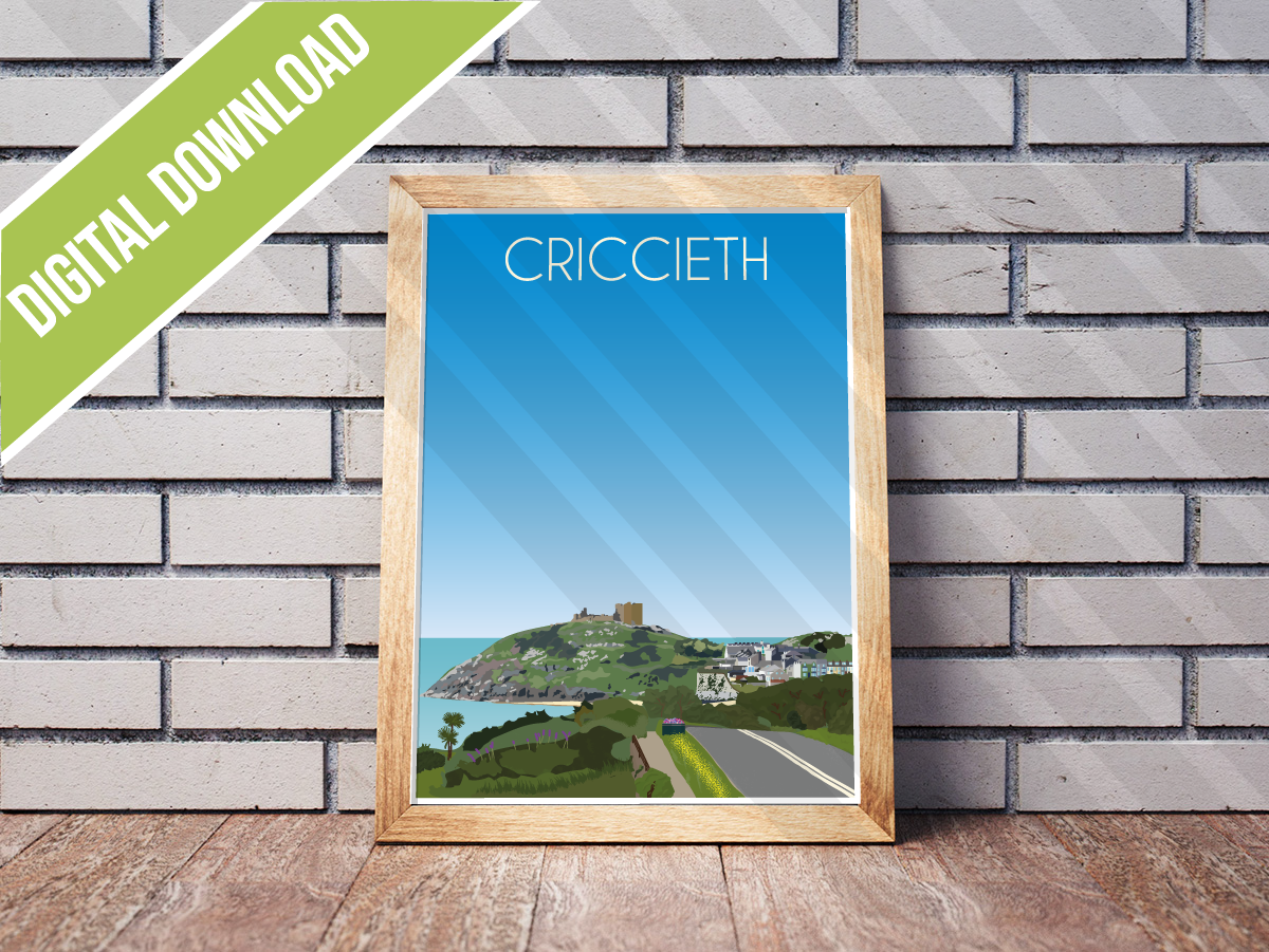 Vintage Criccieth Travel Poster Print – North Wales Wall Art | Retro Castle & Seaside Landscape | Instant Digital Download