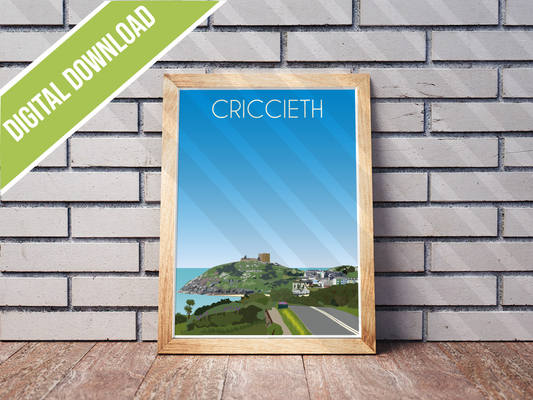 Vintage Criccieth Travel Poster Print – North Wales Wall Art | Retro Castle & Seaside Landscape | Instant Digital Download