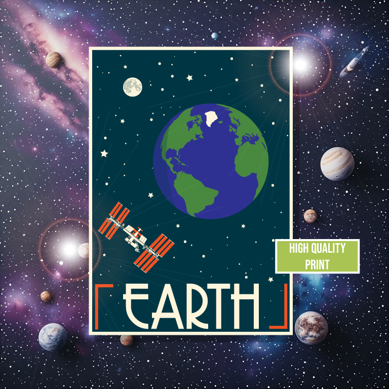 Illustration of Earth with a space station and planets in the background, labeled 'Earth'.