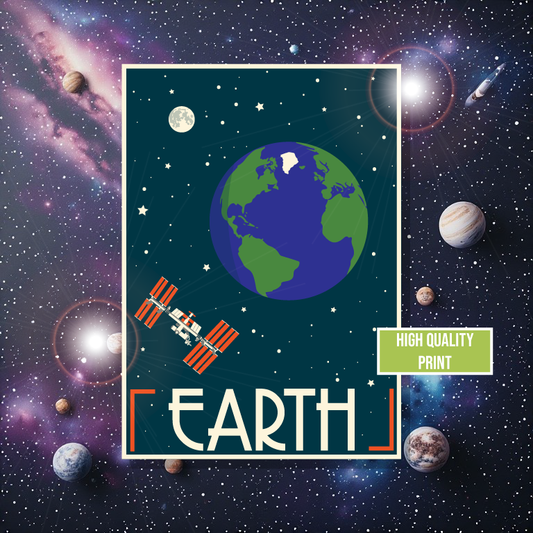Illustration of Earth with a space station and planets in the background, labeled 'Earth'.