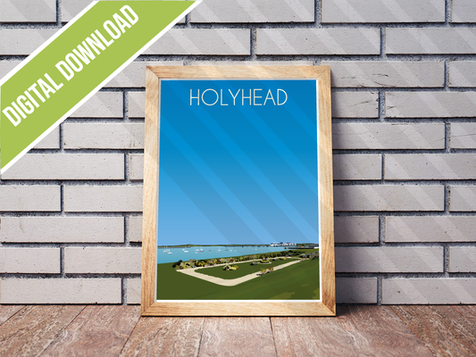 Vintage Holyhead Travel Poster Print – North Wales Wall Art | Retro Harbour & Coastal Landscape | Instant Digital Download