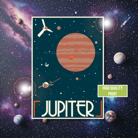 Illustration of Jupiter with space elements on a starry background, featuring the word 'Jupiter' and a 'High Quality Print' label.