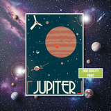 Illustration of Jupiter with space elements on a starry background, featuring the word 'Jupiter' and a 'High Quality Print' label.