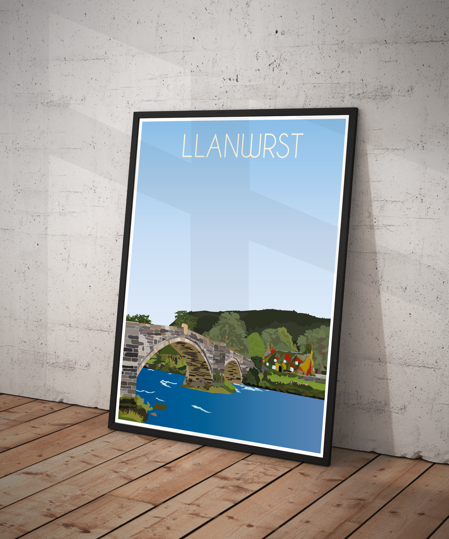 Vintage Llanrwst Travel Poster Print – North Wales Wall Art | Retro River & Bridge Landscape | Instant Digital Download