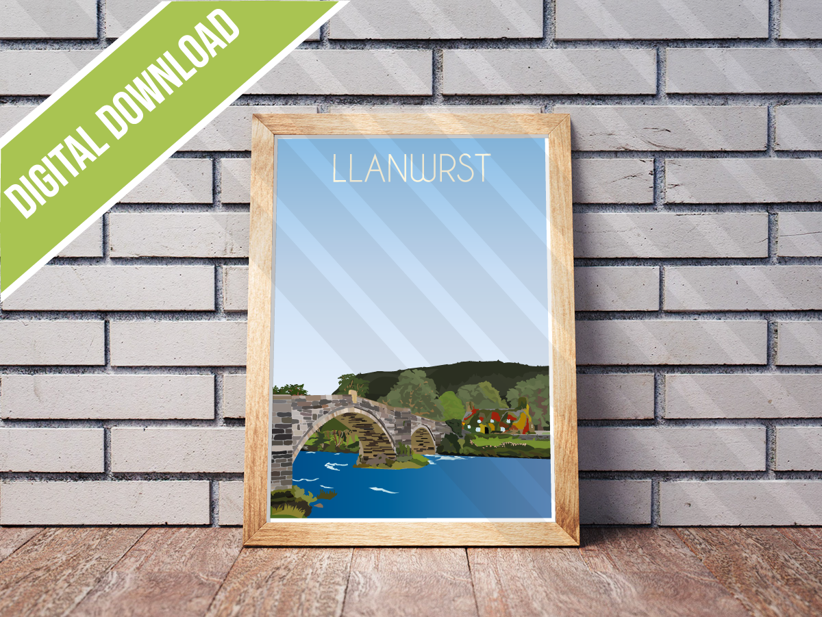 Vintage Llanrwst Travel Poster Print – North Wales Wall Art | Retro River & Bridge Landscape | Instant Digital Download