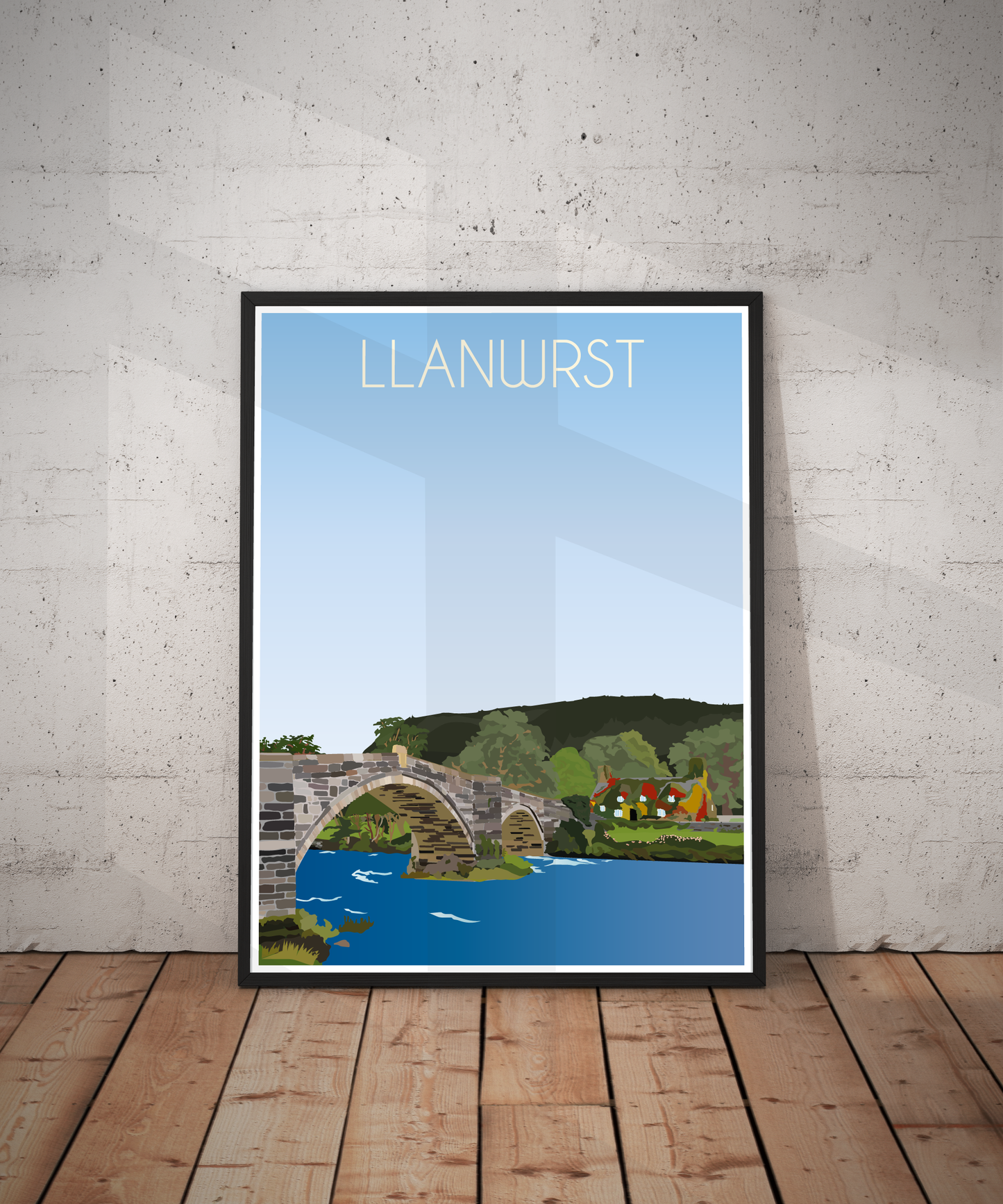 Vintage Llanrwst Travel Poster Print – North Wales Wall Art | Retro River & Bridge Landscape | Instant Digital Download