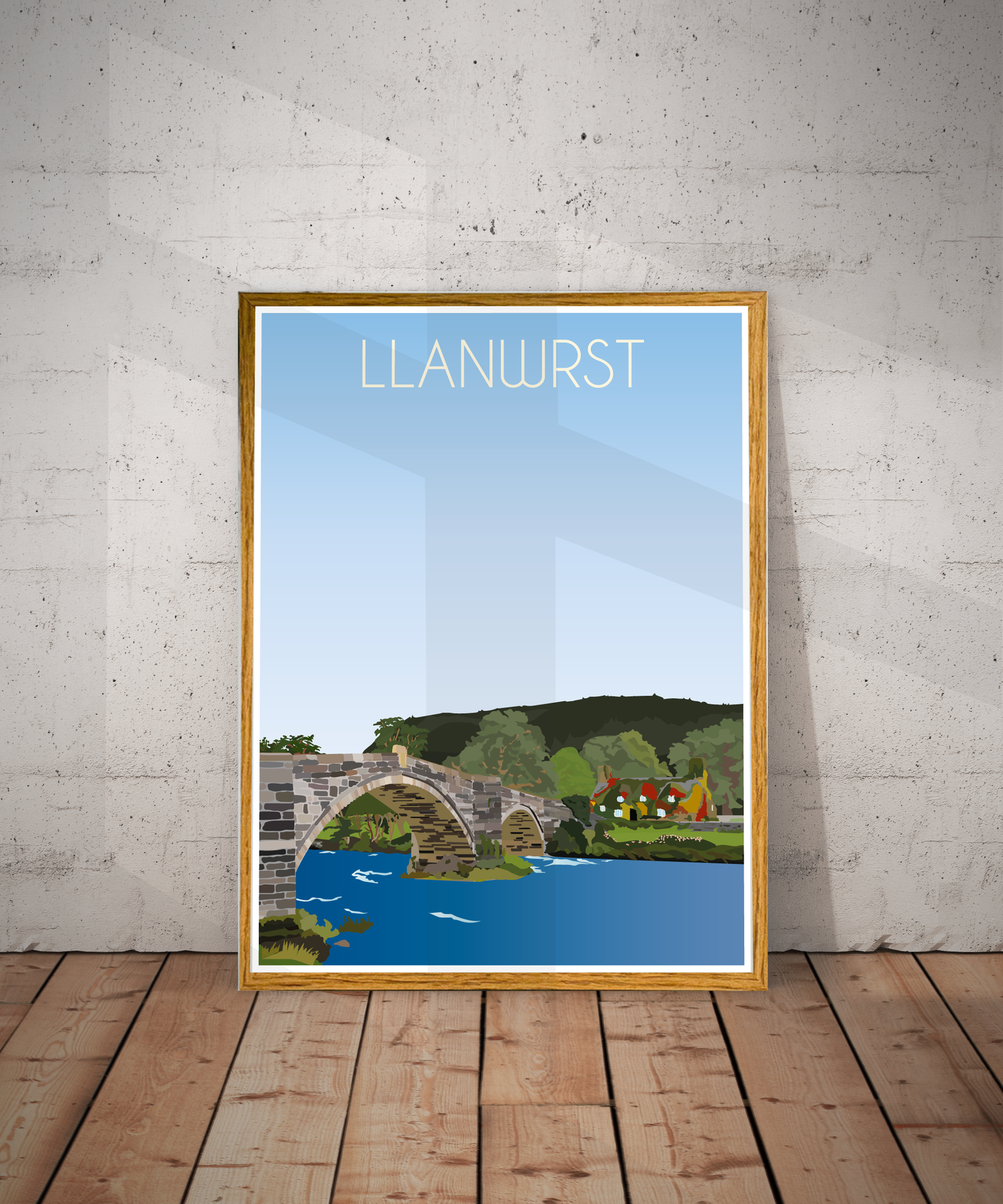 Vintage Llanrwst Travel Poster Print – North Wales Wall Art | Retro River & Bridge Landscape | Instant Digital Download