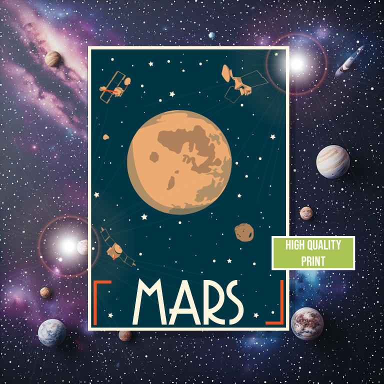 Illustration of Mars with space elements on a dark background, featuring the word 'Mars' and a 'High Quality Print' label.