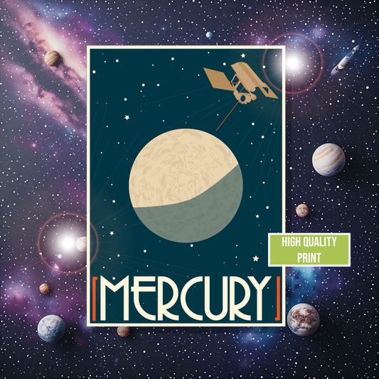Poster of Mercury with space-themed background