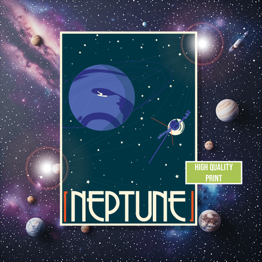 Space-themed poster with Neptune and a spacecraft, framed by planets and stars.