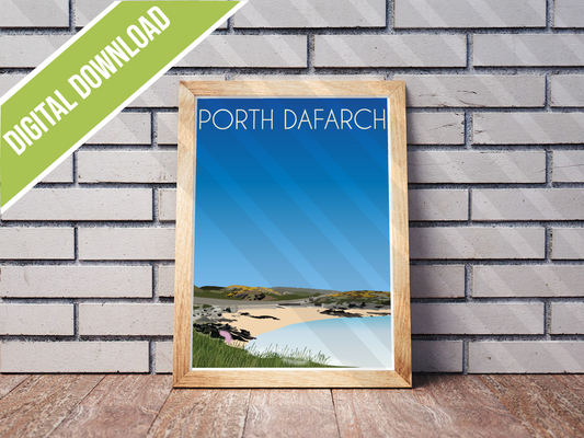 Vintage Porth Dafarch Travel Poster Print – Anglesey Wall Art | Retro Coastal Cove Landscape | Instant Digital Download
