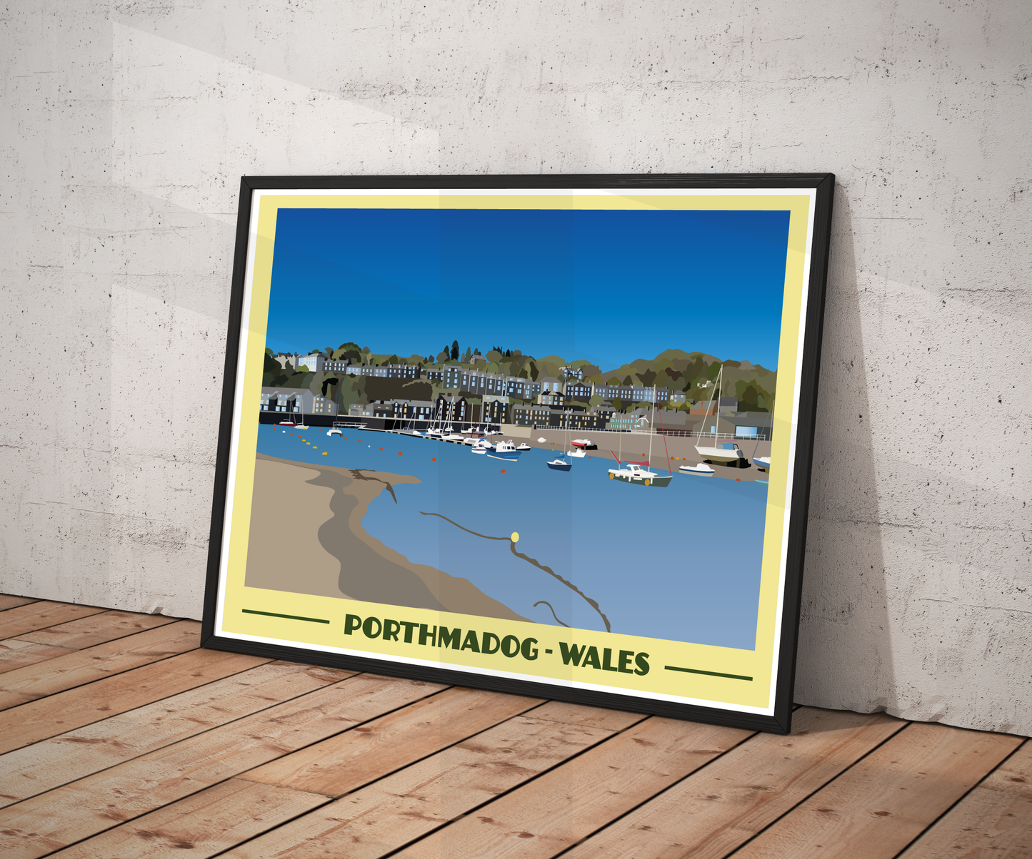 Vintage style travel poster print of Porthmadog in North Wales