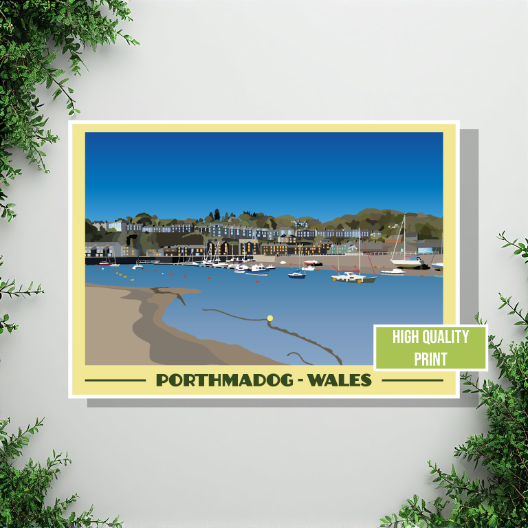 Vintage style travel poster print of Porthmadog in North Wales