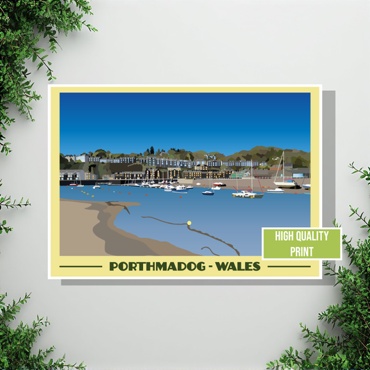 Vintage style travel poster print of Porthmadog in North Wales