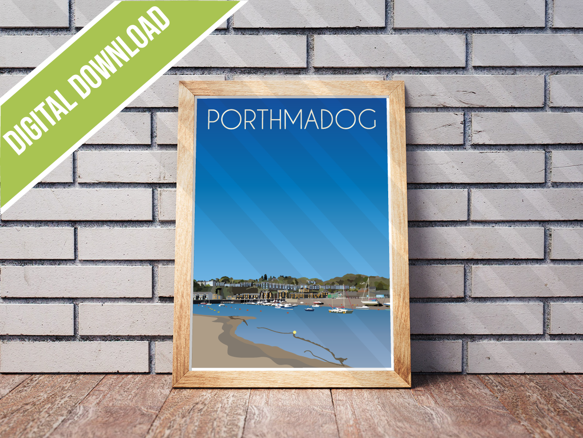 Vintage Porthmadog Travel Poster Print – North Wales Wall Art | Retro Harbour & Railway Landscape | Instant Digital Download
