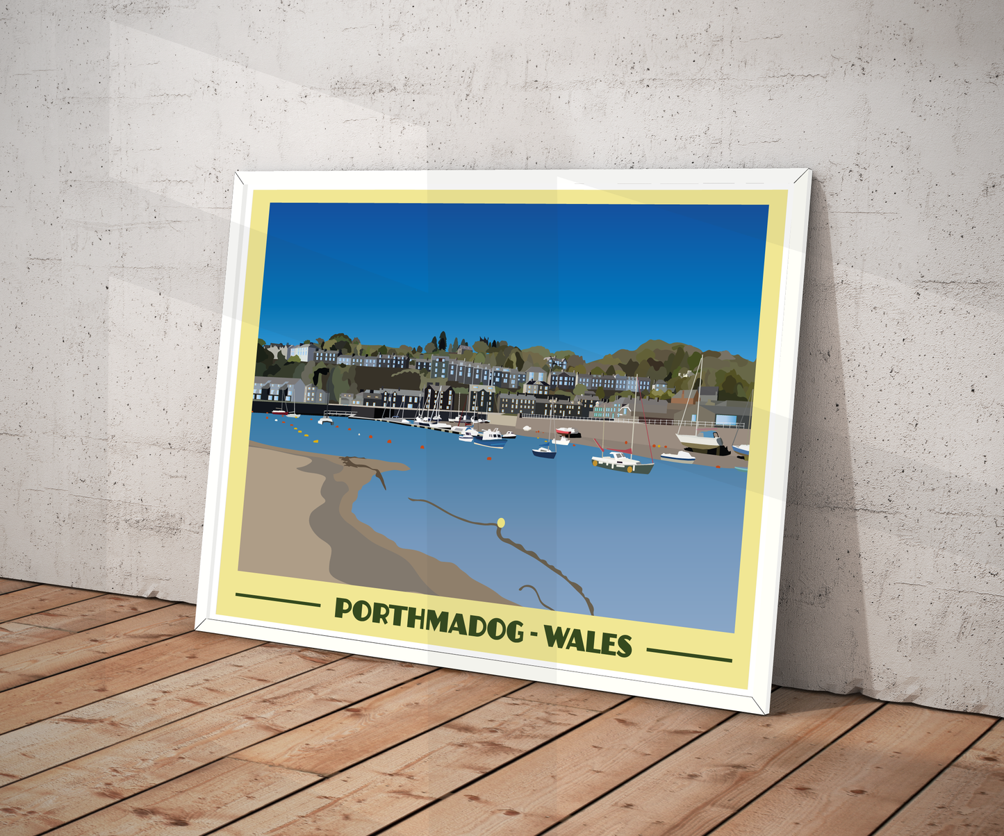 Vintage style travel poster print of Porthmadog in North Wales