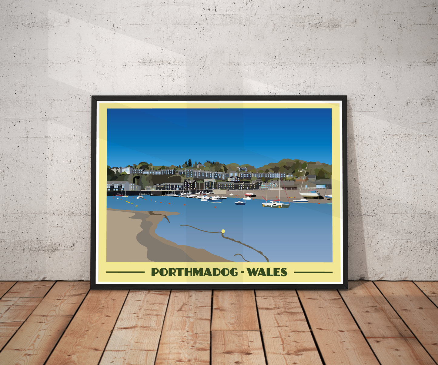 Vintage style travel poster print of Porthmadog in North Wales
