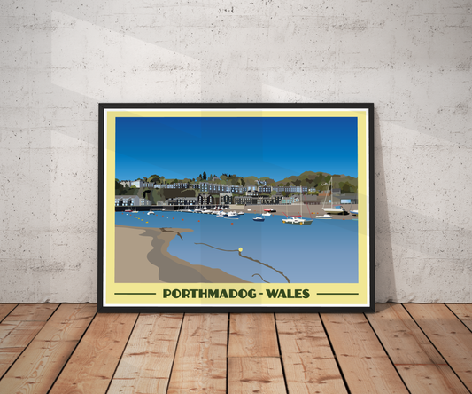Vintage style travel poster print of Porthmadog in North Wales