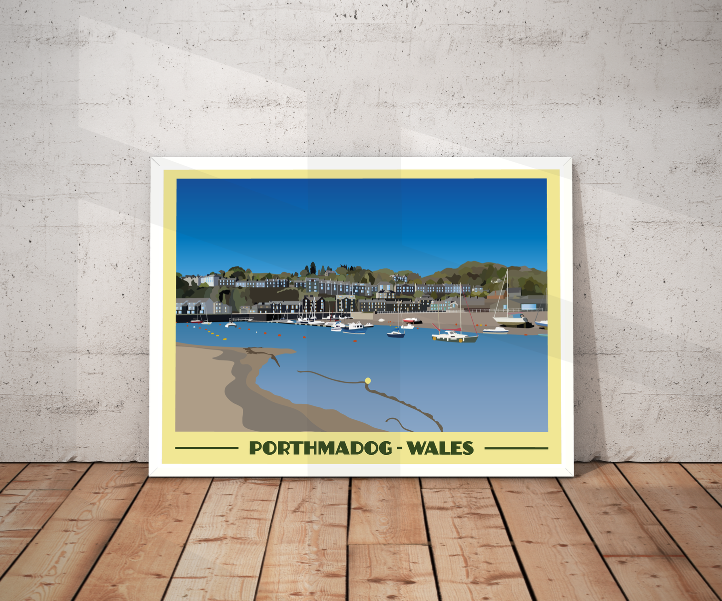 Vintage style travel poster print of Porthmadog in North Wales