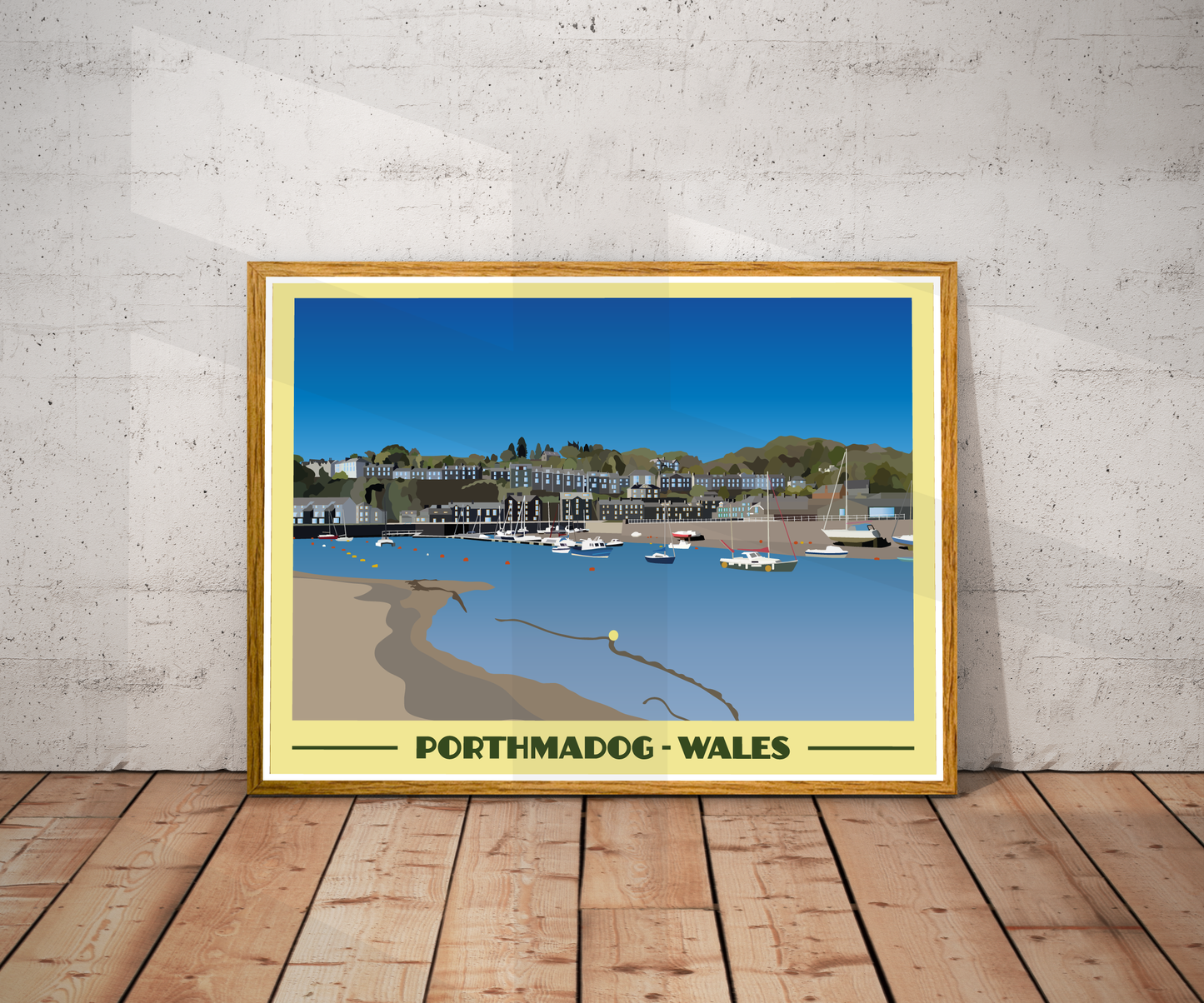 Vintage style travel poster print of Porthmadog in North Wales