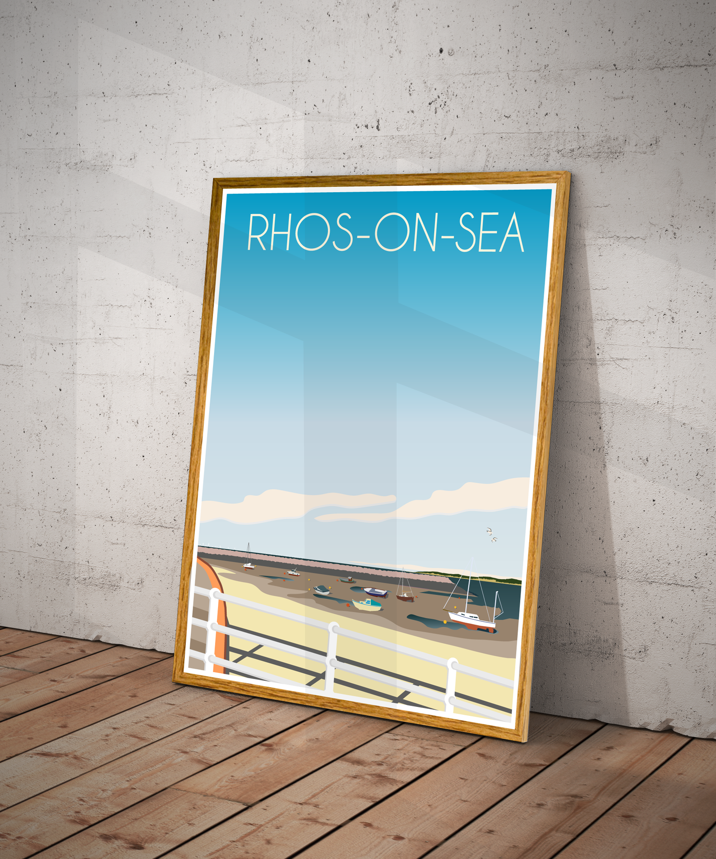 Vintage Rhos-on-Sea Travel Poster Print – North Wales Wall Art | Retro Coastal Promenade Landscape | Instant Digital Download