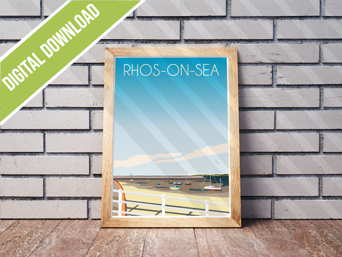 Vintage Rhos-on-Sea Travel Poster Print – North Wales Wall Art | Retro Coastal Promenade Landscape | Instant Digital Download