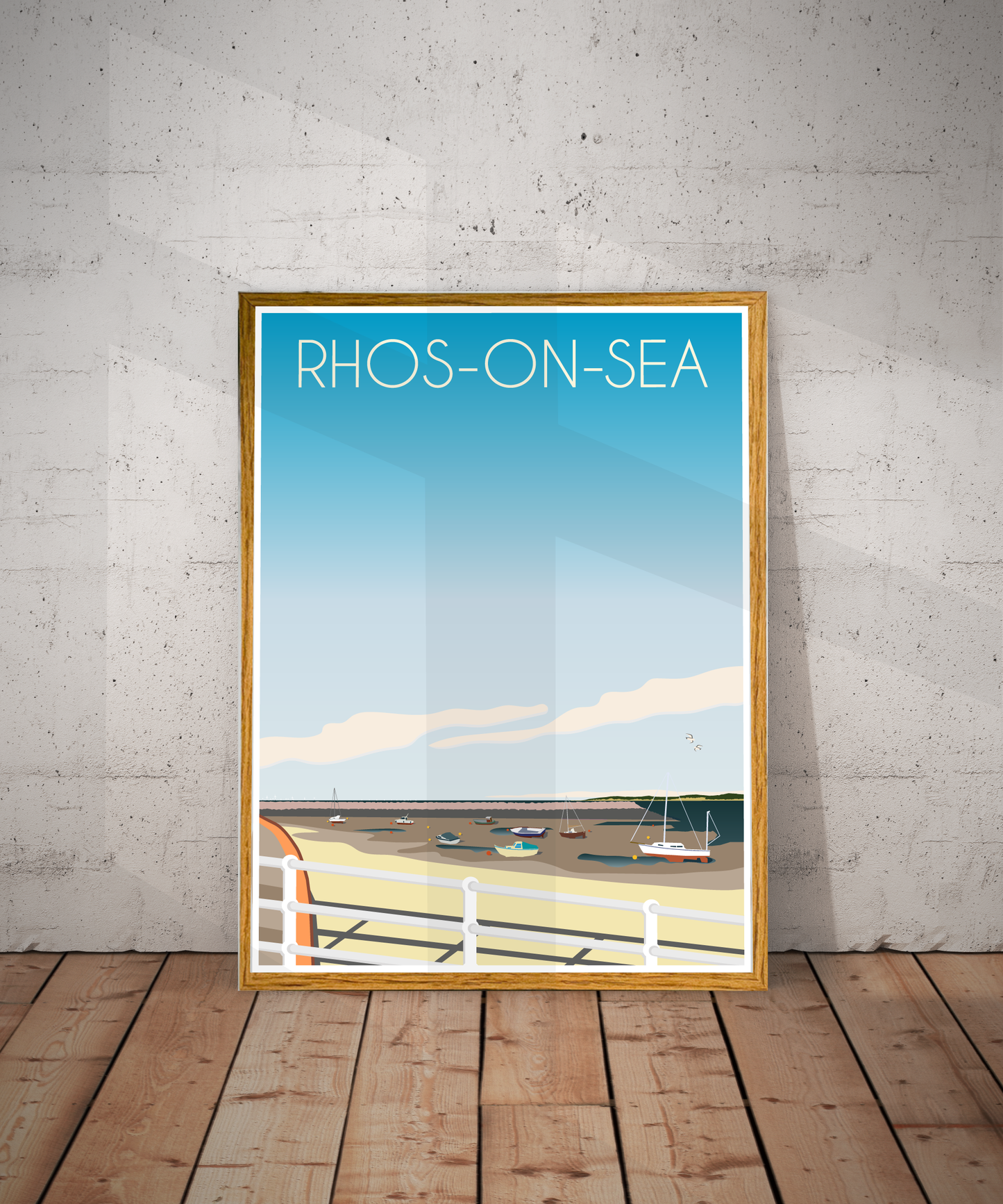 Vintage Rhos-on-Sea Travel Poster Print – North Wales Wall Art | Retro Coastal Promenade Landscape | Instant Digital Download