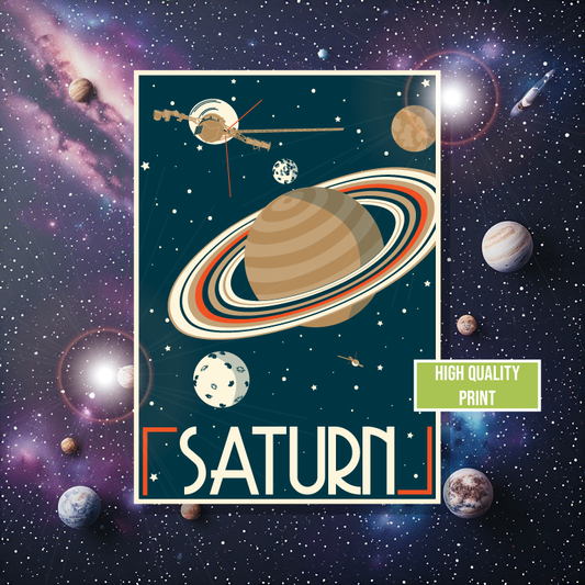 Illustration of Saturn with space-themed background