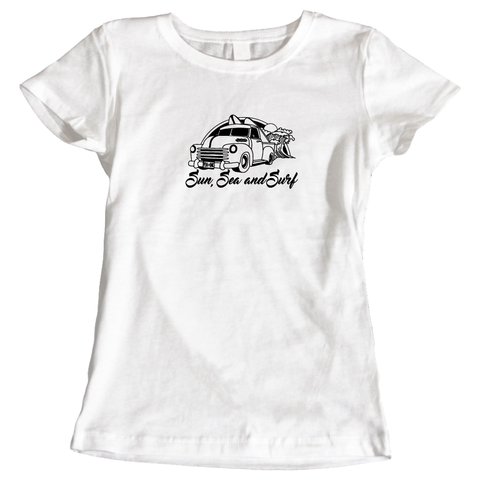 Sun sea and surf surfing themed ladies t-shirt