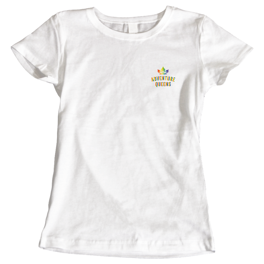 Adventure Queens Rainbow logo women's t-shirt with pocket design