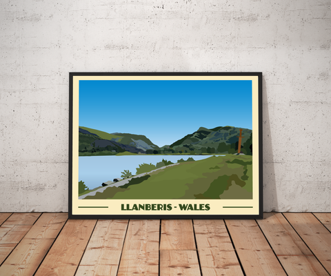 Vintage landscape travel poster print of Llanberis in North Wales Pen and Ink Studios