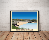 Vintage style travel landscape poster print of Porth Dafarch in North Wales Pen and Ink Studios